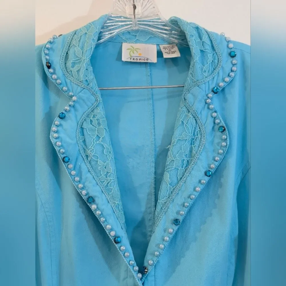 Vintage Resort Cottagecore Pearl Beaded Lace Blazer Jacket XL Coastal Chic Aqua - Picture 5 of 10